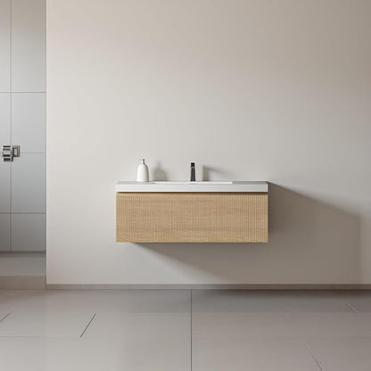 Floating Bathroom Vanity, 36" Wall Mounted Bathroom Cabinet with Glossy White Stone Resin Sink & U-Shaped Soft-Close Drawer, Pre-Assembled Striped Storage Vanity for Bathroom, Natural Wood