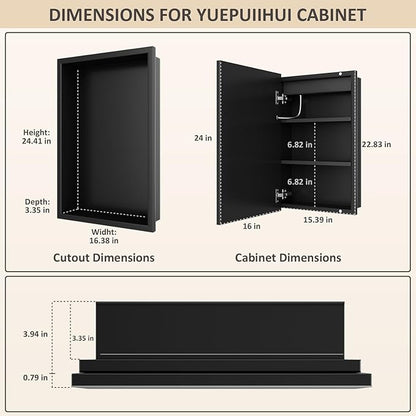 16X24 Inch Bathroom Medicine Cabinet, Adjustable 3-Color Brightness Dimming LED Mirror Recessed, Black