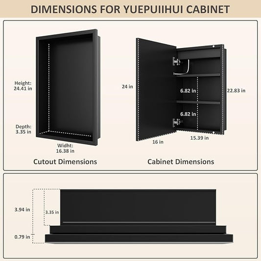 16X24 Inch Bathroom Medicine Cabinet, Adjustable 3-Color Brightness Dimming LED Mirror Recessed, Black