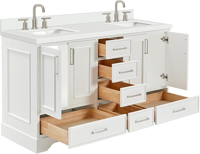 ARIEL Stafford 60-inch Bathroom Vanity with Sink,Solid Wood, 1.5-inch Pure White Quartz Countertop & Backsplash, Double Rectangular Porcelain Sink, 4 Soft Closing Doors, 6 Dovetail Drawers, White