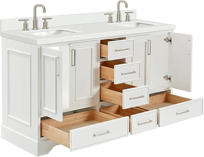 ARIEL Stafford 60-inch Bathroom Vanity with Sink,Solid Wood, 1.5-inch Pure White Quartz Countertop & Backsplash, Double Rectangular Porcelain Sink, 4 Soft Closing Doors, 6 Dovetail Drawers, White