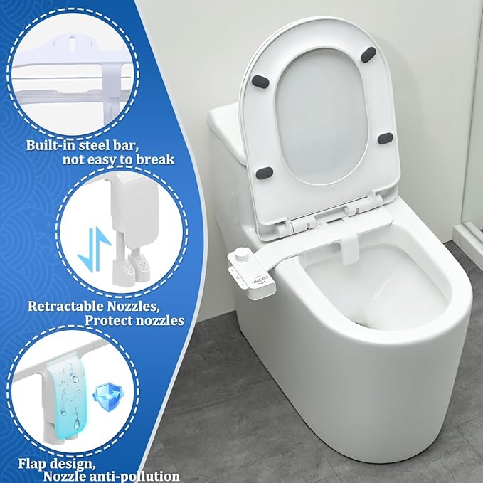 Bidet Attachment for Toilet, Non-Electric Ultra-Slim Bidet Toilet Seat Adjustable Water Pressure with Self-Cleaning Dual Nozzle (Frontal & Rear Wash), White