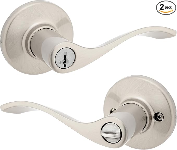 Kwikset Balboa Entry Door Handle with Lock and Key, Secure Keyed Reversible Lever Exterior, for Front Entrance and Bedrooms, Satin Nickel, Pick Resistant Smartkey Rekey Security and Microban