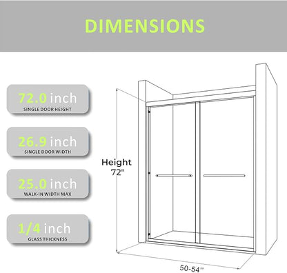 Brushed Gold Glass Shower Door 50-54'' W x 72'' H with 4'' Adjustable Rail,Bathroom Double Sliding Door with 1/4'' Clear Tempered Glass,Semi-Frameless 304 Stainless Steel Hardware