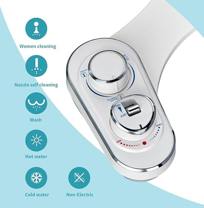 bidet, Hot and Cold Water Non-electric Bidet Attachment for Toilet, Self Cleaning and Dual Nozzle for Women and Rear Wash, Push Button Switch for Easy Using (White）