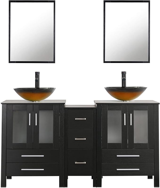 UEV 60" Double Sink Bathroom Vanity,Black Bathroom Vanity with Double Side Vanity Cabinets & Removable 3 Drawer Storage Cabinet,Bathroom Vanity with Tempered Vessel Sink,Mirror Not Included(T48)