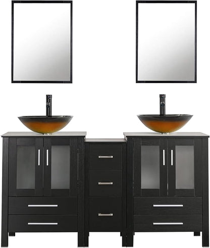 UEV 60" Double Sink Bathroom Vanity,Black Bathroom Vanity with Double Side Vanity Cabinets & Removable 3 Drawer Storage Cabinet,Bathroom Vanity with Tempered Vessel Sink,Mirror Not Included(T48)