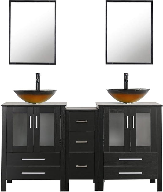 UEV 60" Double Sink Bathroom Vanity,Black Bathroom Vanity with Double Side Vanity Cabinets & Removable 3 Drawer Storage Cabinet,Bathroom Vanity with Tempered Vessel Sink,Mirror Not Included(T48)