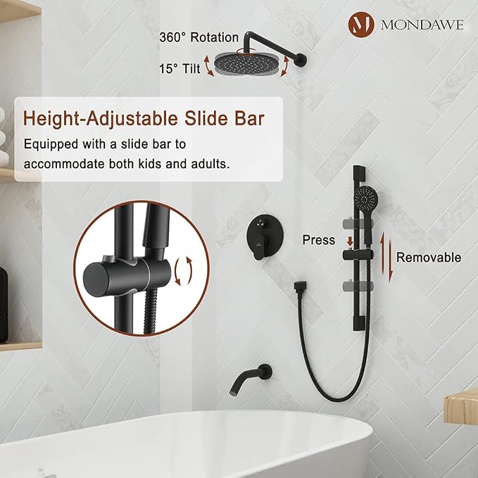 MONDAWE 9 Inch Wall Mounted Shower Faucet Set with Tub Spout in Matte Black, Rainfall Shower Head with 3-Setting Handheld Spray Shower Combo, High Pressure Shower System with Solid Brass Valve