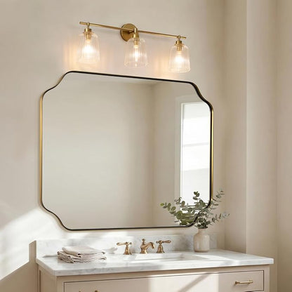 32X40 Inch Brushed Gold Scalloped Bathroom Mirror | Rustproof Stainless Steel Frame, Unique Notched Corners, Horizontal & Vertical Mount, Ideal for Bathroom, Powder Room