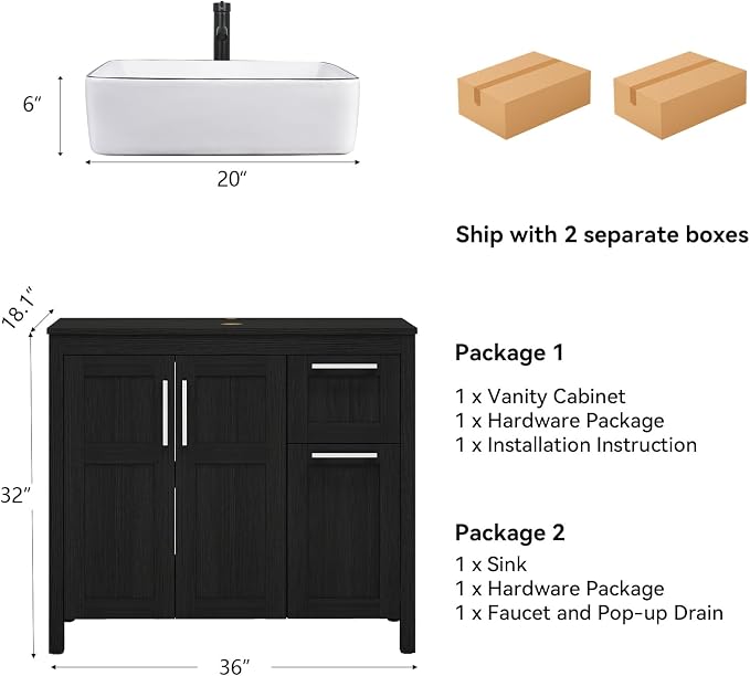 YOURLITE Bathroom Vanity with Sink,36" Black Bathroom Vanity Cabinet with White Ceramic Sink Faucet & Pop Up Drain Set