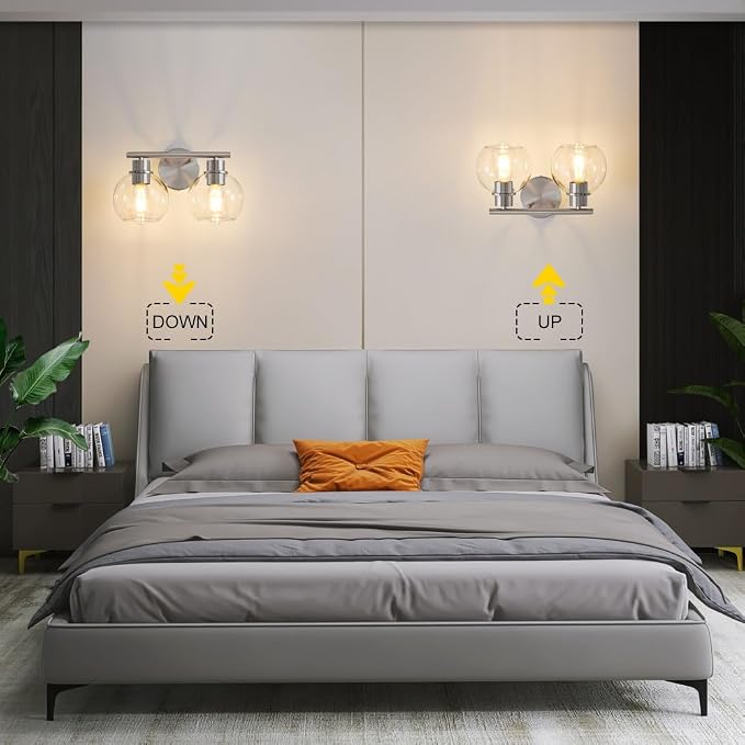 Bathroom Light Fixtures Over Mirror 2-Lights Bathroom Vanity Light with Clear Glass Shade 13.4 inch Modern Brushed Nickel Vanity Light Wall Sconce Vanity Light Bathroom Light for Bath, L1746