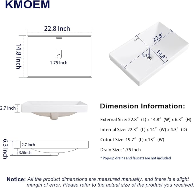 Semi Recessed Bathroom Sink 23"x15" Drop-in Vessel Sink White Porcelain Ceramic Modern Rectangular Sinks Basin Vanity Sinks with Overflow for Bathrooms