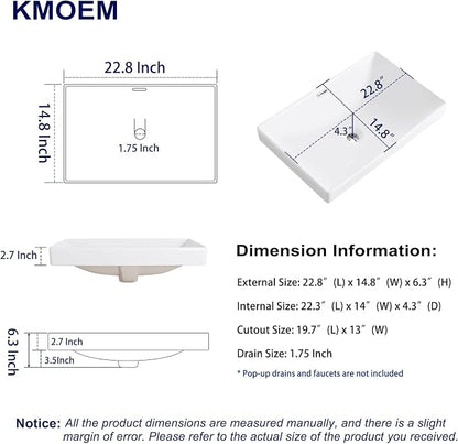 Semi Recessed Bathroom Sink 23"x15" Drop-in Vessel Sink White Porcelain Ceramic Modern Rectangular Sinks Basin Vanity Sinks with Overflow for Bathrooms