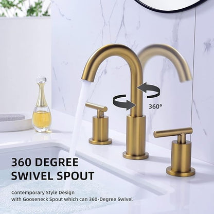 TRUSTMI Bathroom Faucet 2 Handle 8 Inch Widespread Bathroom Sink Faucet with Metal Overflow Drain and cUPC Water Supply Lines, 3 Hole, Brushed Brass Gold