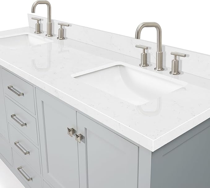 DKB Beckford 72 Inch Bathroom Vanity Double Sink — Grey Bathroom Vanity with Sink, 1.5" Edge Carrara White Quartz Countertop & Backsplash, 4 Soft-Close Doors, 6 Dovetail Drawers