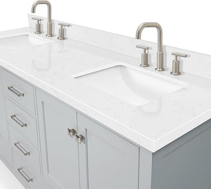 DKB Beckford 72 Inch Bathroom Vanity Double Sink — Grey Bathroom Vanity with Sink, 1.5" Edge Carrara White Quartz Countertop & Backsplash, 4 Soft-Close Doors, 6 Dovetail Drawers