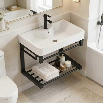 Floating wall-Mounted Bathroom 17-inch Vanity with Ceramic washbasin, Open Shelf, and Black mini Small Bathroom Vanity