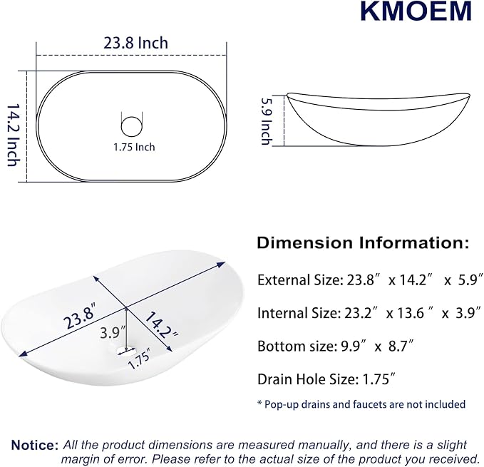 Vessel Sink 23.8"x14.2" Oval Bathroom Sink Modern White Porcelain Ceramic Above Counter Vanity Sink for Bathrooms Art Basin