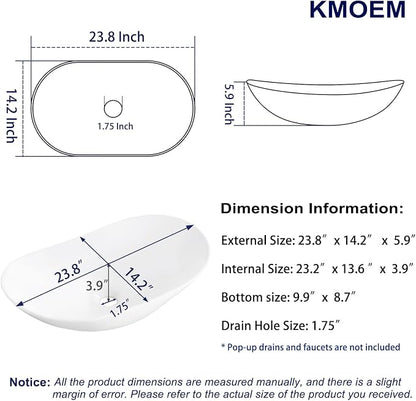 Vessel Sink 23.8"x14.2" Oval Bathroom Sink Modern White Porcelain Ceramic Above Counter Vanity Sink for Bathrooms Art Basin