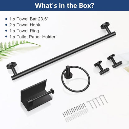 TQKAG Bathroom Hardware Set Black, 5 Piece Bathroom Towel Bar Holder Sets | SUS304 Stainless Steel, 23.6" Toilet Paper Holder with Shelf, Towel Racks for Bathroom Wall Mounted, Matt Black Towel Bars