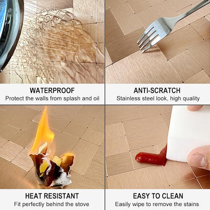 DICOFUN 10 Sheets Copper Peel and Stick Tile Backsplash, Stainless Steel Kitchen Metal Backsplash Tile, Stick on Backsplash for Stove, Brushed Gold