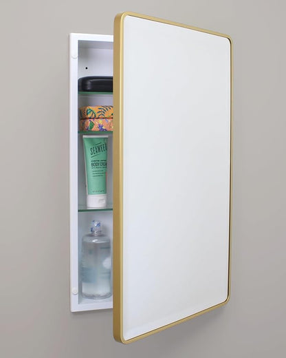 16x26 Austin Farmhouse Metal Framed Rounded Rectangle Recessed Bathroom Medicine Cabinet, Beveled Mirror, 14x24 in-Wall Opening, powder-coated Steel, Adjustable Glass Shelves, Magnet Close, Gold