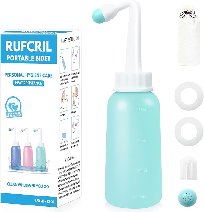 Peri Bottle Postpartum, RUFCRIL 350ml Perineal Wash Bottle, Upside Down Portable Bidet with Carry Bag, Boilable TPE & Dual Leak-Proof Rings, for Perineal Recovery, Hemorrhoid Relief, Hospital Bag