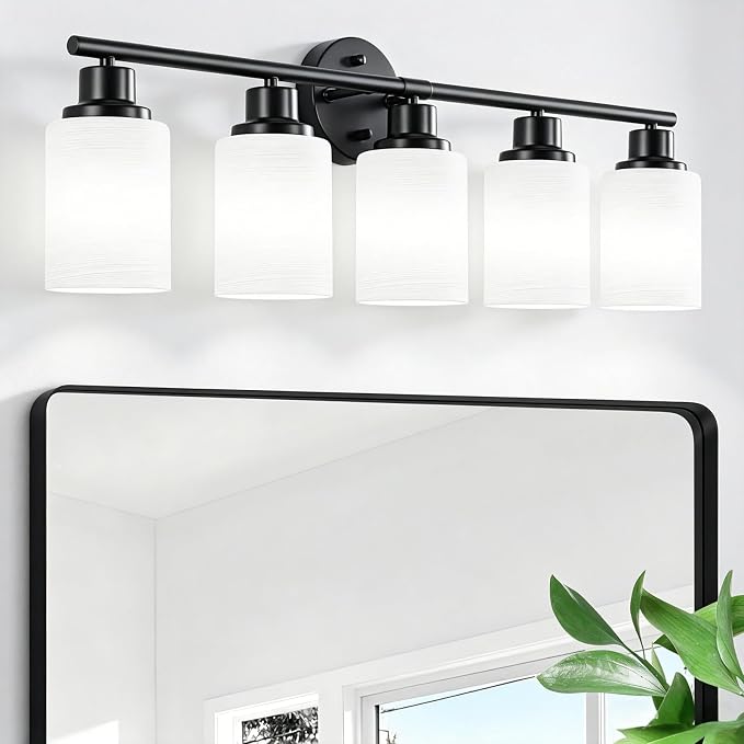 5-Light Bathroom Light Fixtures, E26 Base Vanity Lights for Mirror with Textured Milky White Glass Shade, Modern Kitchen Light Fixtures Wall Sconce Light - Black