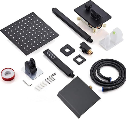 8 Inch Shower Faucet Set, Ceiling Mounted Rainfall Shower System with High Pressure Handheld Shower Head, Bathroom Mixer Shower Set Rough-in Valve and Trim Kit, Matte Black, with Tub Spout