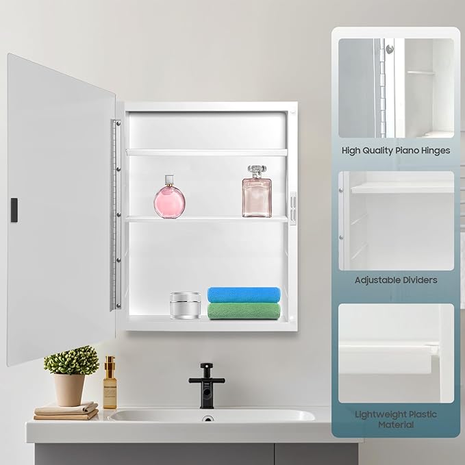 17x27 Plastic Medicine Cabinet with Mirror, Recessed or Surface Mount | 3 adjustable shelves, beveled mirror, soft-close reversible door, 95% assembled; cutout 13.86"W x 24.15"H x 3"D