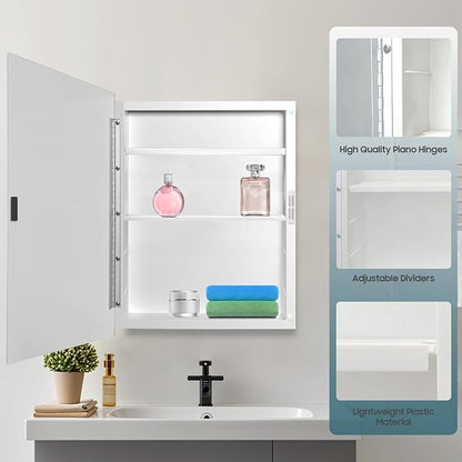 16x28 Plastic Medicine Cabinet with Mirror, Recessed or Surface Mount | 3 adjustable shelves, beveled mirror, soft-close reversible door, 95% assembled; cutout 13.86"W x 24.15"H x 3"D