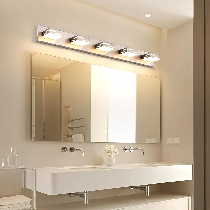 5-Light 5CCT Modern Bathroom Vanity Light Fixtures, 40-Inch 350° Rotatable LED Vanity Lights Over Mirror, Dimmable Brushed Nickel Wall Sconce with Frosted Acrylic Shade