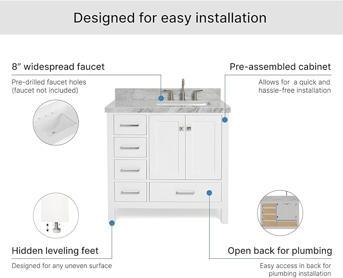 ARIEL Cambridge 36-inch Bathroom Vanity with Sink,Solid Wood, 1.5-inch Italian Carrara Marble Countertop, Single Rectangular Porcelain Sink, 2 Soft Closing Doors, 5 Dovetail Drawers, White