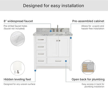 ARIEL Cambridge 36-inch Bathroom Vanity with Sink,Solid Wood, 1.5-inch Italian Carrara Marble Countertop, Single Rectangular Porcelain Sink, 2 Soft Closing Doors, 5 Dovetail Drawers, White