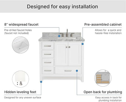 ARIEL Cambridge 36-inch Bathroom Vanity with Sink,Solid Wood, 1.5-inch Italian Carrara Marble Countertop, Single Rectangular Porcelain Sink, 2 Soft Closing Doors, 5 Dovetail Drawers, White