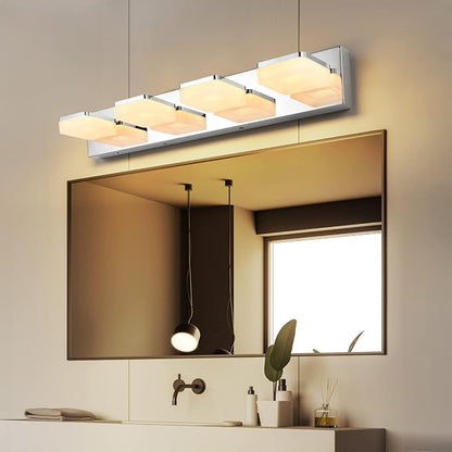 GOODATE 3 Colors Dimmable Vanity Lights for Bathroom, LED Chrome 4 Light Vanity Light, Acrylic Stainless Steel Bathroom Light Fixtures Over Mirror, Adjustable 3000K/4000K/6000K, 360° Rotate