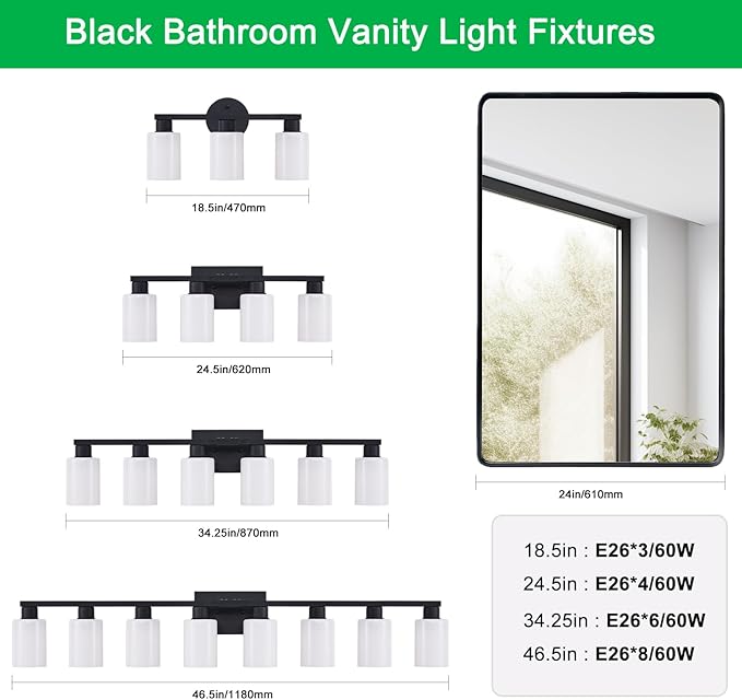 8 Light Bathroom Vanity Light, Black Bathroom Light Fixtures, 8-Light Vanity Lights for Huge Mirror, Matte Black 8 Light Wall Sconce with Milky White Frosted Glass Shades for Living Room Bath Makeup