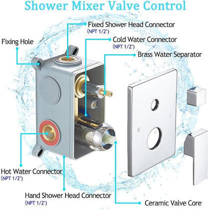 Chrome Shower System with High Pressure 8'' Rainfall Shower Head, Handheld Shower head, Bathroom Luxury Rain Mixer Shower Combo Set Wall Mounted Shower Faucet Rough-in Valve and Trim Kit