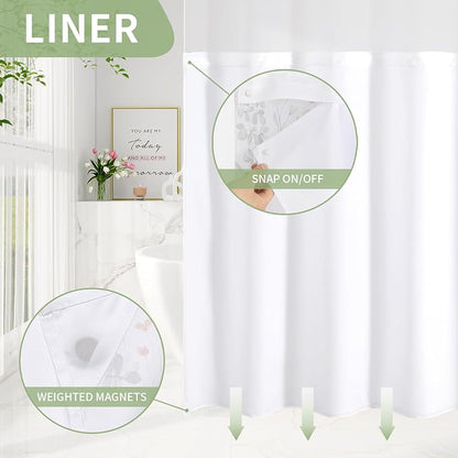 No Hook Sage Green Watercolor Floral Shower Curtain and Liner Set, 72x74 | Spring Flower Shower Curtains with Snap-in Liner for Farmhouse Bathroom Decor, Botanical Bathroom Curtain with Leaves