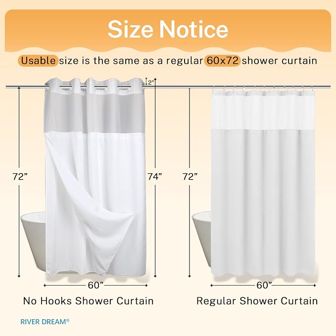 River Dream Heavyweight No Hooks Required Dotted Waffle Weave Shower Curtain with Snap in Liner - 60W x 74L, Hotel Grade, Spa Like Bath Curtain, White | Dotted Waffle,Snap-in Liner,Heavy Duty,Quick Dry,Mesh Top Window,With Bottom Magnets,Hotel-Grade,Wa...