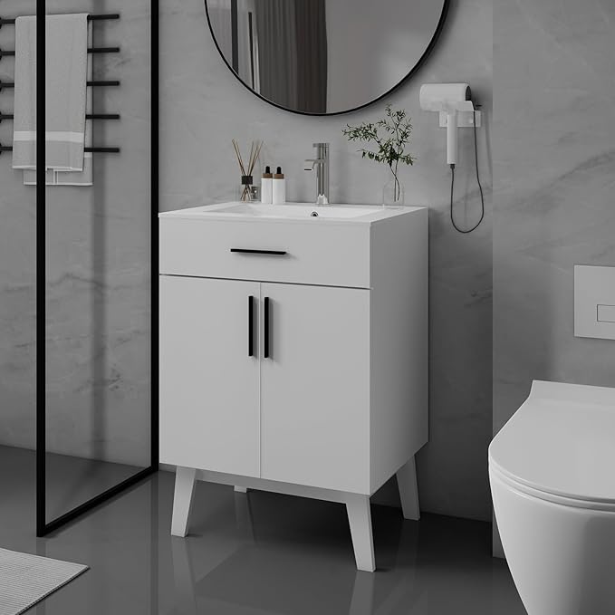 24" Bathroom Vanity with Sink, Vanity Combo with Two Soft Close Cabinet Doors, Modern Single Bathroom Cabinet Set with Metal Handles (White with Sink, 24)