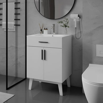 24" Bathroom Vanity with Sink, Vanity Combo with Two Soft Close Cabinet Doors, Modern Single Bathroom Cabinet Set with Metal Handles (White with Sink, 24)