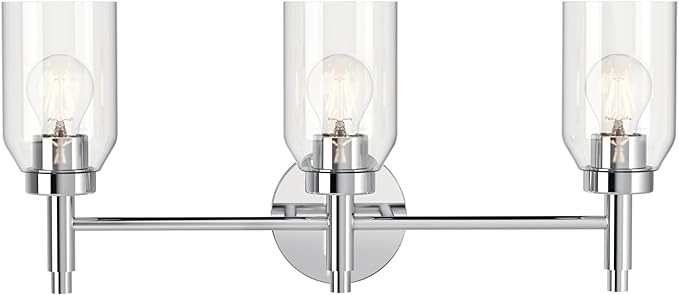 Kichler Madden 3-Light Vanity with Clear Glass in Chrome, Sloped Ceiling Compatible, for Single Vanity in Bathroom (10.5" x 24"), 55185CH