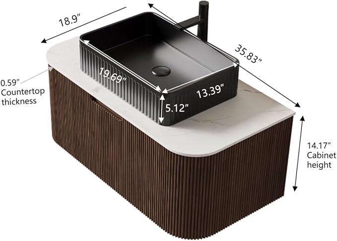 36'' Bathroom Vanities Cabinet with Sink, Wall Mounted Floating Cabinet W/Curved Edges Stripes, Oak Plywood, Soft-Close System with a Drawer, Black Rectangular Ceramic Basin - Kiel, Dark Walnut/B