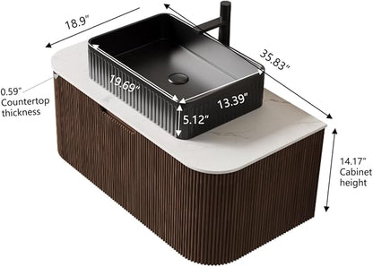 36'' Bathroom Vanities Cabinet with Sink, Wall Mounted Floating Cabinet W/Curved Edges Stripes, Oak Plywood, Soft-Close System with a Drawer, Black Rectangular Ceramic Basin - Kiel, Dark Walnut/B