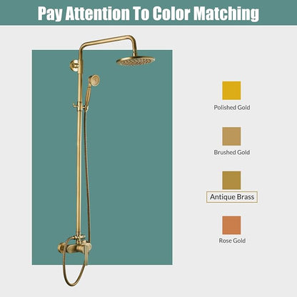 Heyalan Exposed Shower System, 8 Inch Rain Head, Handheld,Antique Brass | Exposed shower system with 8 inch rain head, handheld sprayer, single handle control, and complete wall-mounted setup.