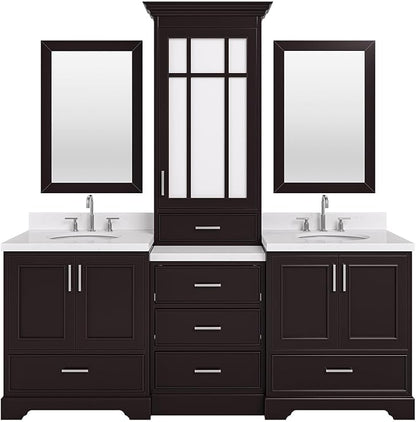 ARIEL Stafford 84-inch Bathroom Vanity with Sink,Solid Wood, 1.5-inch Carrara White Quartz Countertop & Backsplash, Double Oval Porcelain Sink, 5 Soft Closing Doors, 6 Dovetail Drawers, Espresso