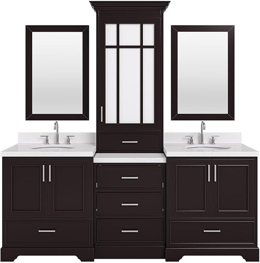 ARIEL Stafford 84-inch Bathroom Vanity with Sink,Solid Wood, 1.5-inch Carrara White Quartz Countertop & Backsplash, Double Oval Porcelain Sink, 5 Soft Closing Doors, 6 Dovetail Drawers, Espresso