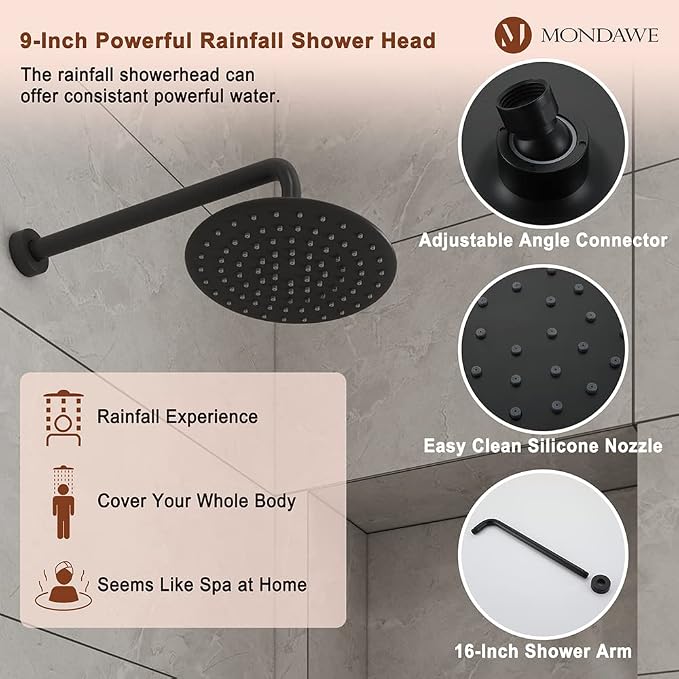 MONDAWE 9 Inch Wall Mounted Shower Faucet Set in Matte Black, Rainfall Shower Head with 3-Setting Handheld Spray Shower Set Combo, High Pressure Shower System with Solid Brass Valve